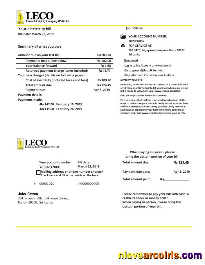 Sri Lanka LECO Company electricity utility bill